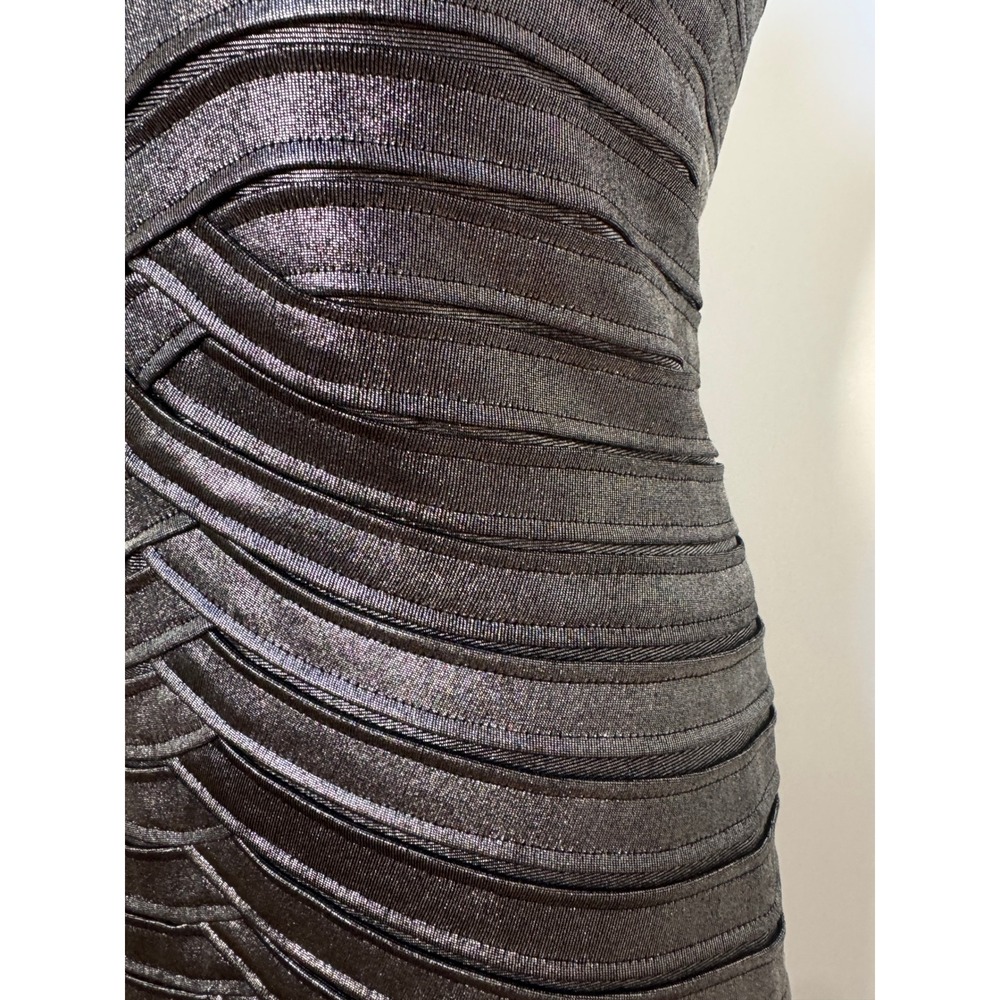 BCBGMAXAZRIA Metallic Bandage Strapless Bodycon Mini Dress Silver Black Medium - Picture 4 of 8